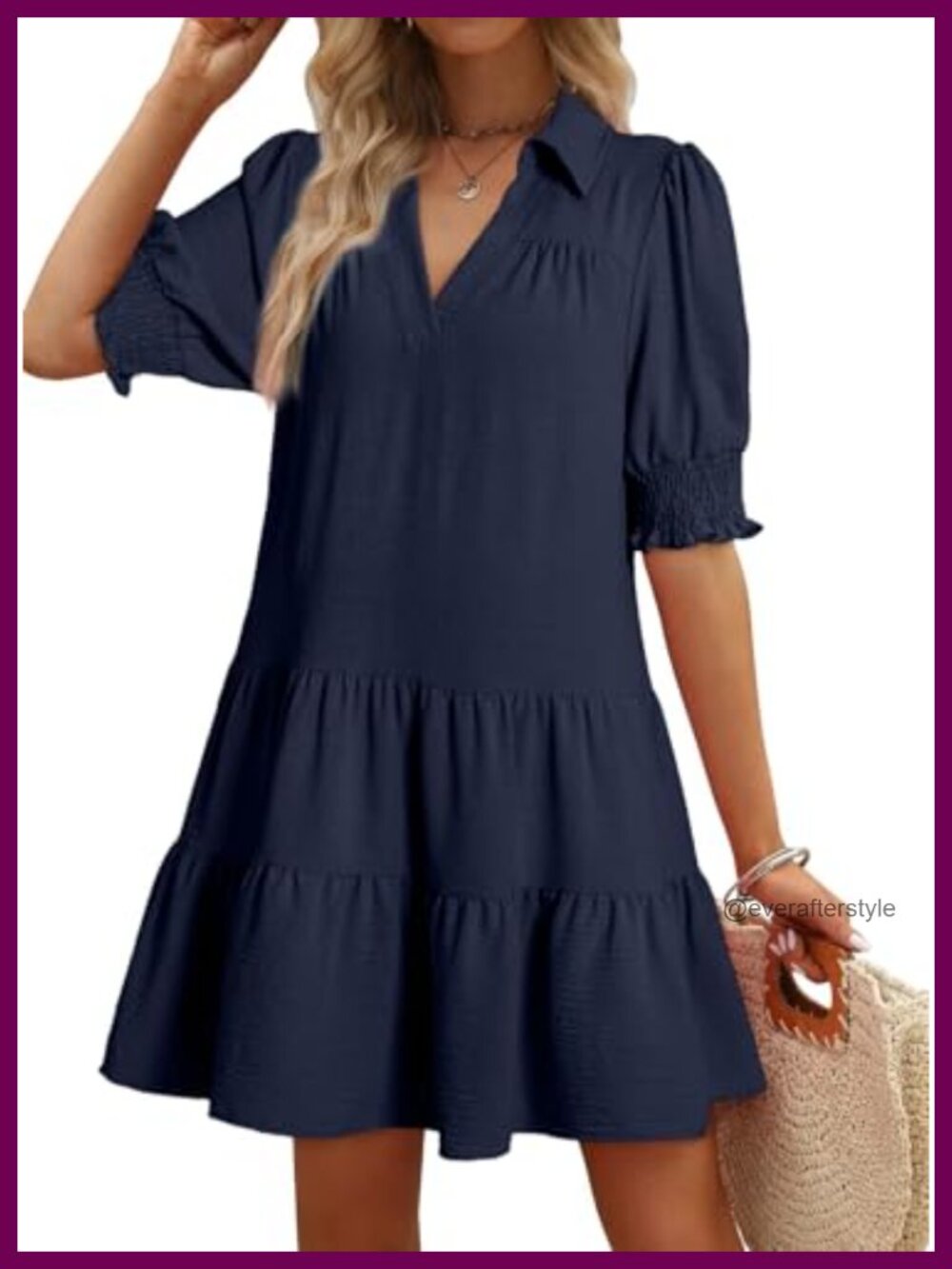 Casual V Neck Pleated Midi Dress 3/4 Sleeve